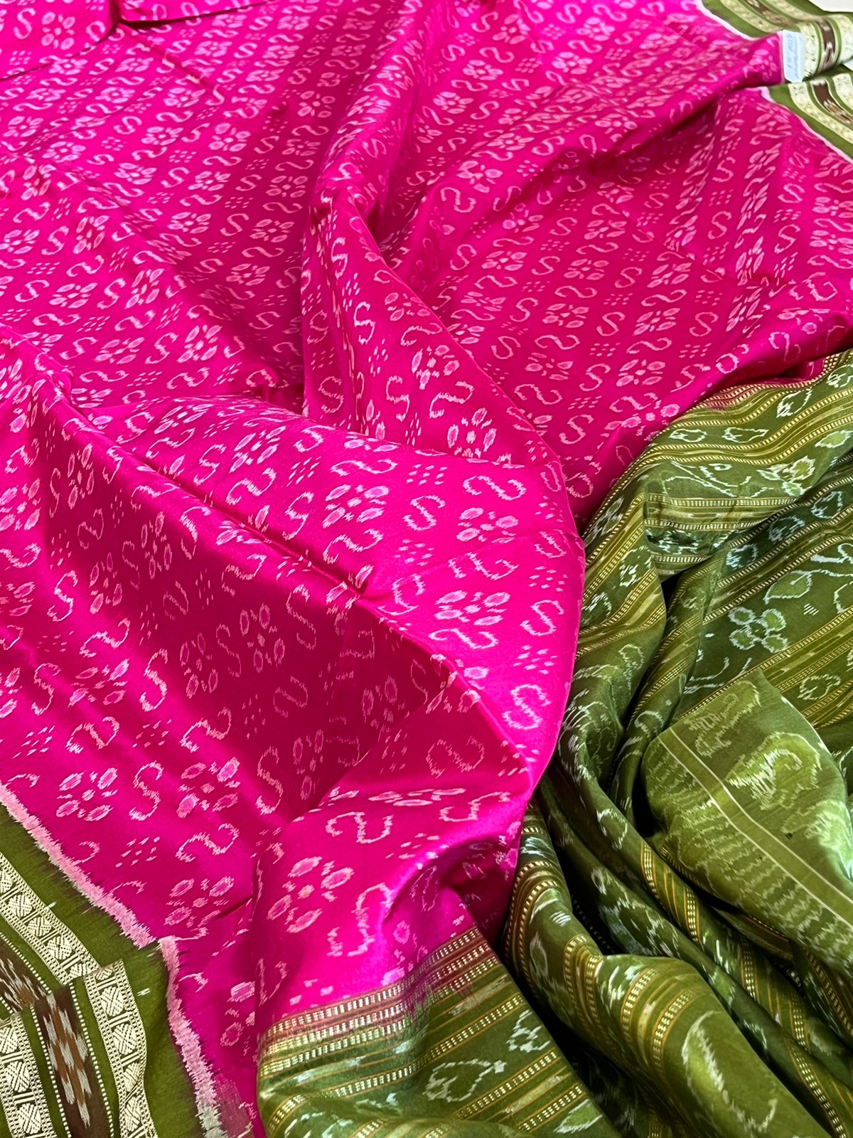 Handwoven Pure Silk Sambhalpuri Bandha Saree - Pink and Green