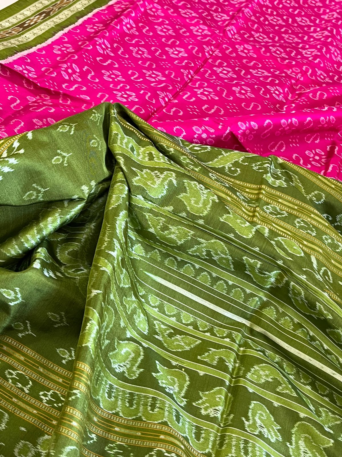 Handwoven Pure Silk Sambhalpuri Bandha Saree - Pink and Green