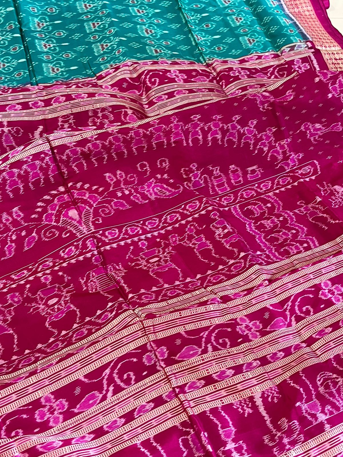 Handwoven Pure Silk Sambhalpuri Bandha Saree - Teal Blue and Pink
