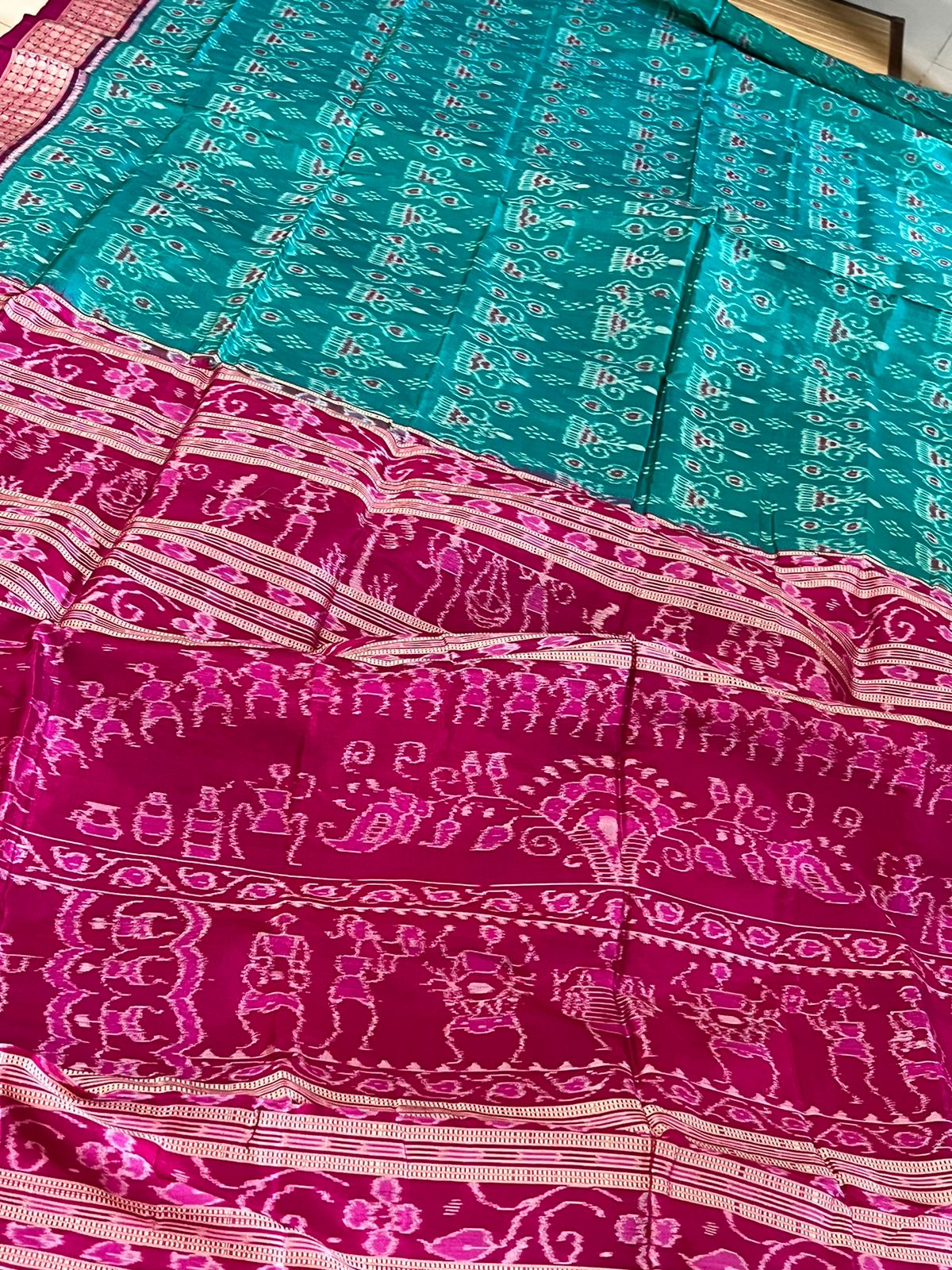 Handwoven Pure Silk Sambhalpuri Bandha Saree - Teal Blue and Pink