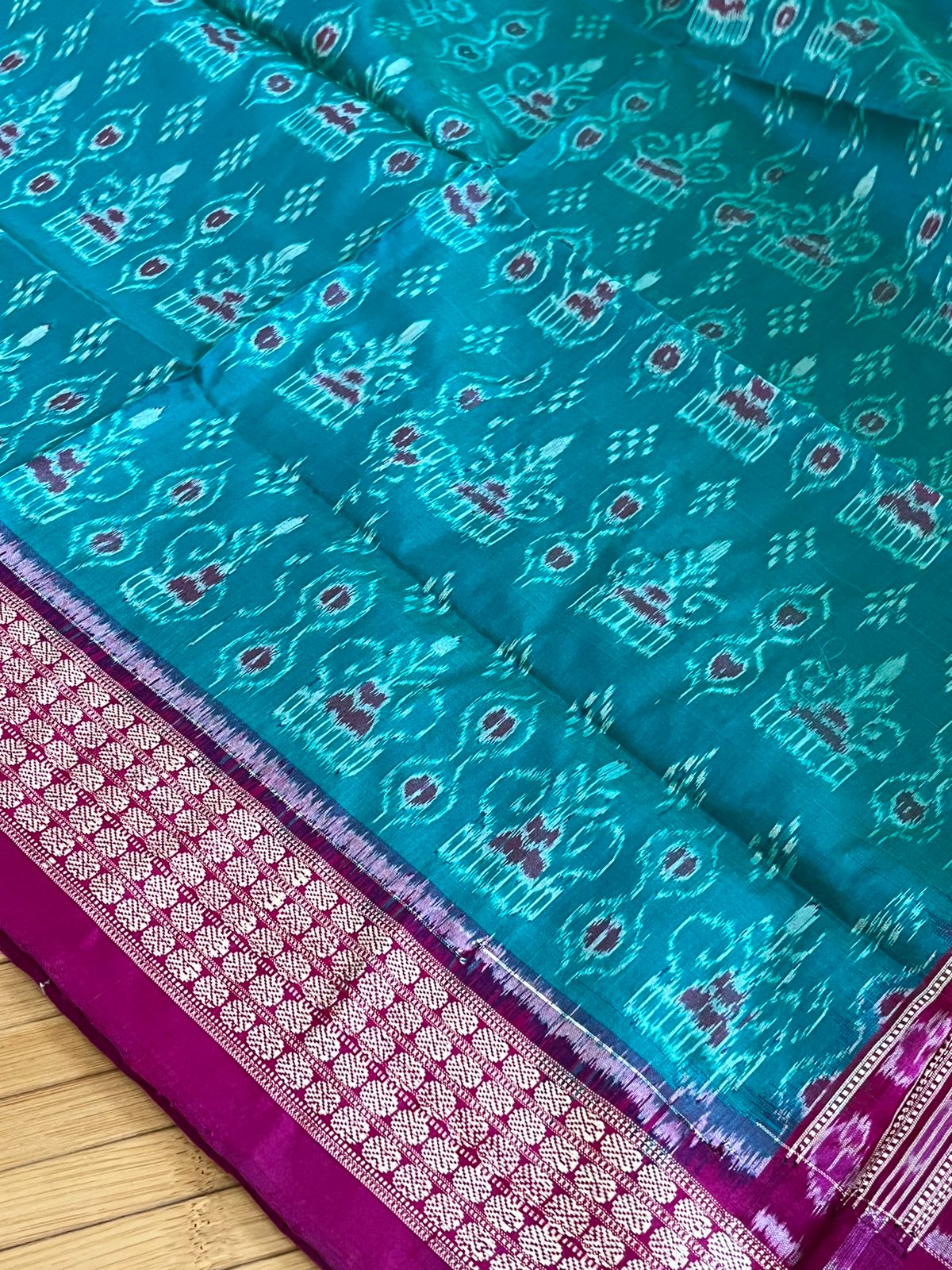 Handwoven Pure Silk Sambhalpuri Bandha Saree - Teal Blue and Pink