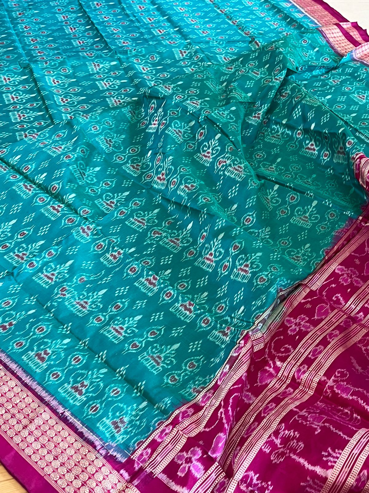 Handwoven Pure Silk Sambhalpuri Bandha Saree - Teal Blue and Pink