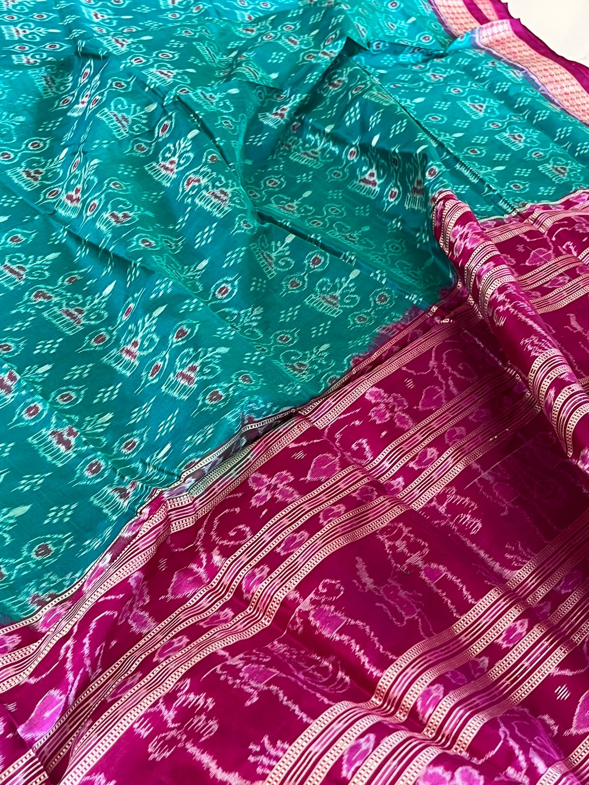 Handwoven Pure Silk Sambhalpuri Bandha Saree - Teal Blue and Pink