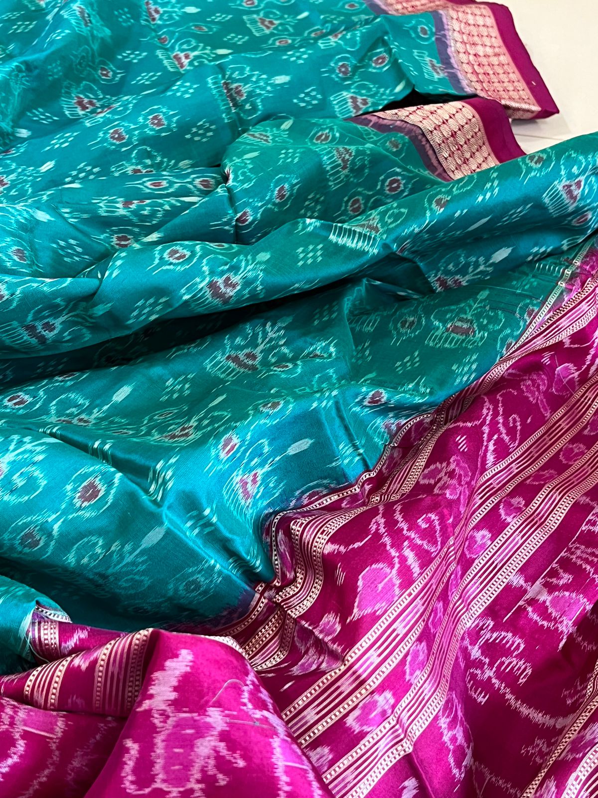 Handwoven Pure Silk Sambhalpuri Bandha Saree - Teal Blue and Pink
