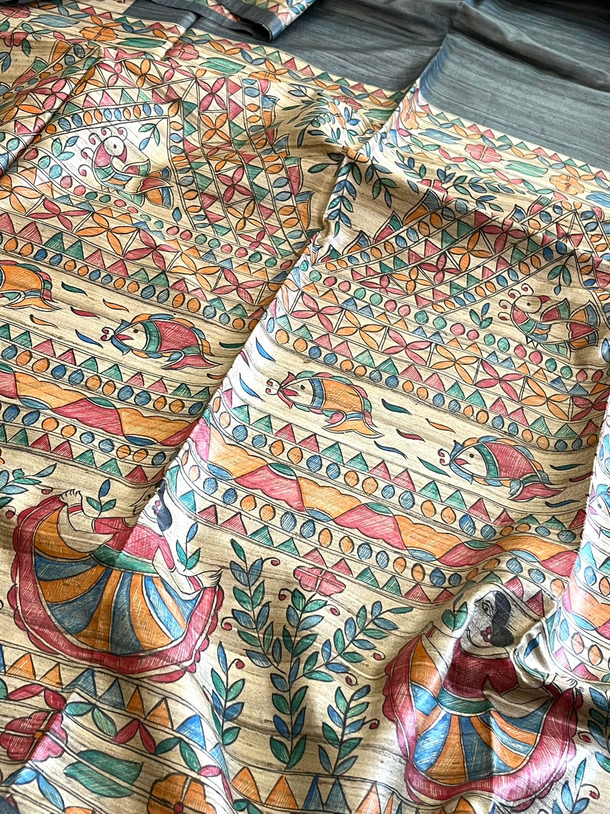 Pure Tussar Silk Handwoven saree with Madhubani Handpainting - Grey