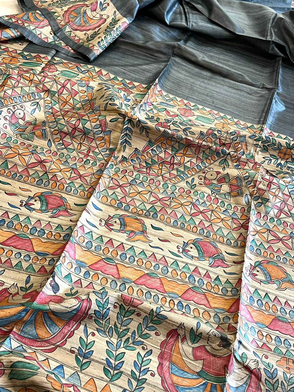 Pure Tussar Silk Handwoven saree with Madhubani Handpainting - Grey