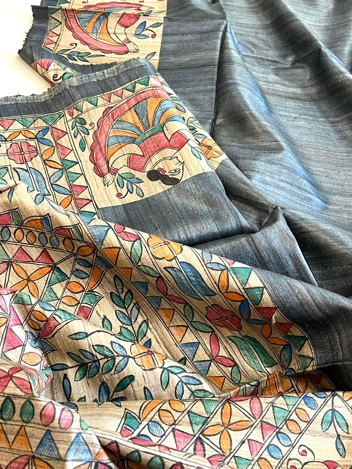 Pure Tussar Silk Handwoven saree with Madhubani Handpainting - Grey