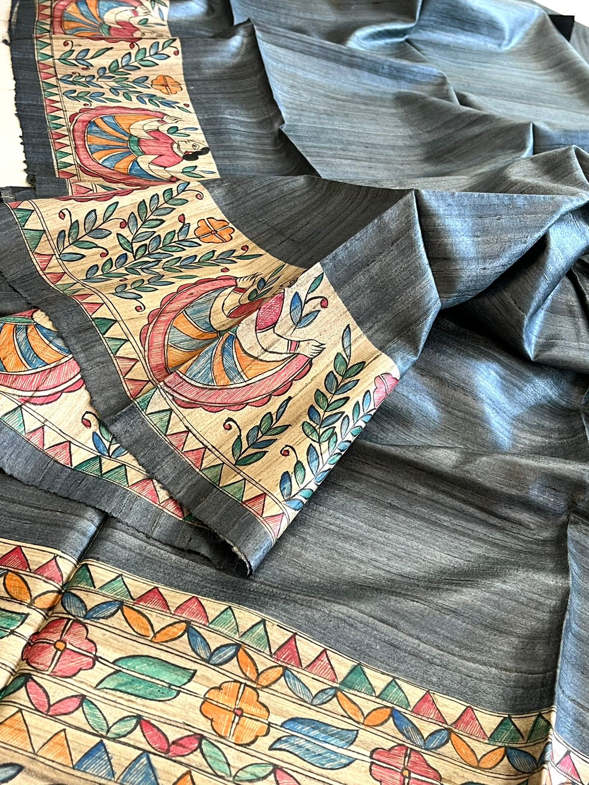 Pure Tussar Silk Handwoven saree with Madhubani Handpainting - Grey