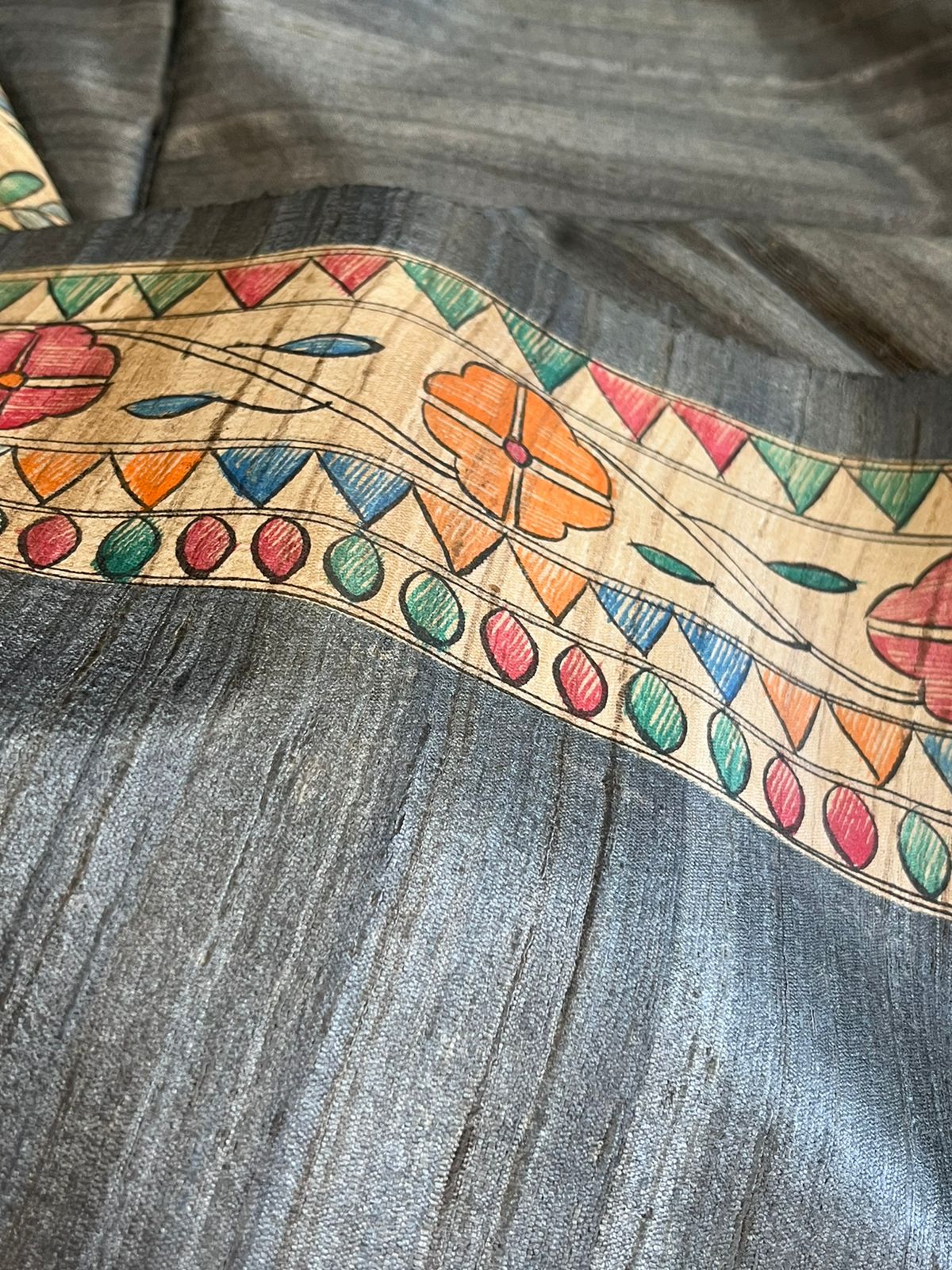 Pure Tussar Silk Handwoven saree with Madhubani Handpainting - Grey