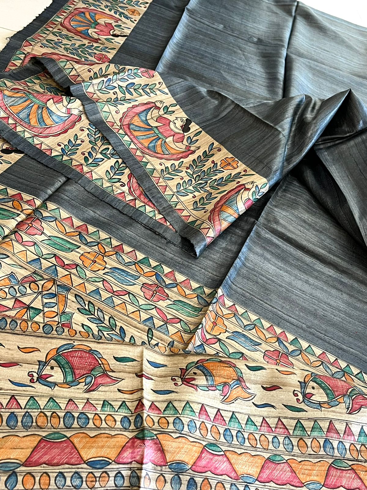 Pure Tussar Silk Handwoven saree with Madhubani Handpainting - Grey