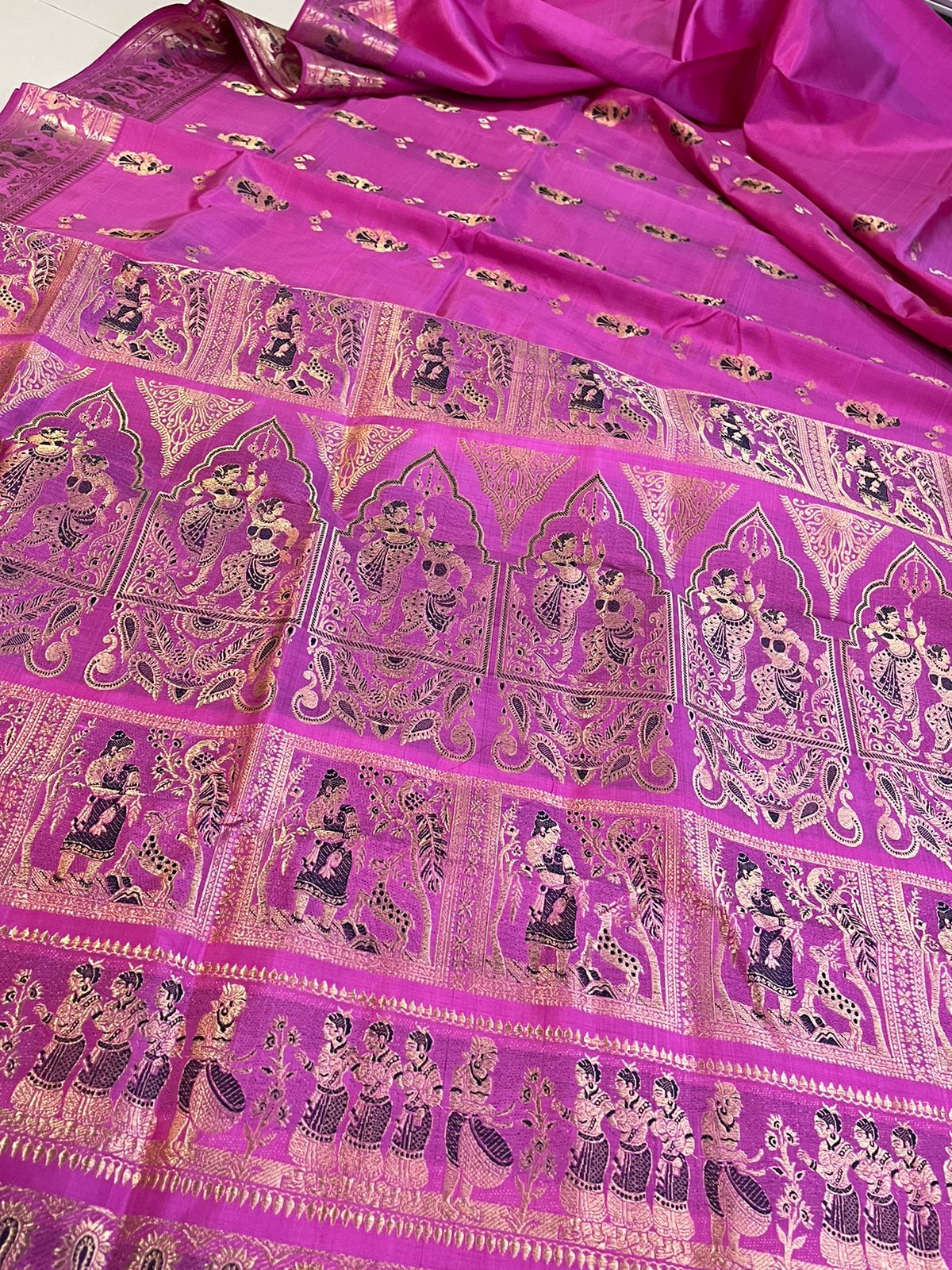 Exquisite Handwoven Pure Silk Swarnachari saree - Rose Pink and Gold
