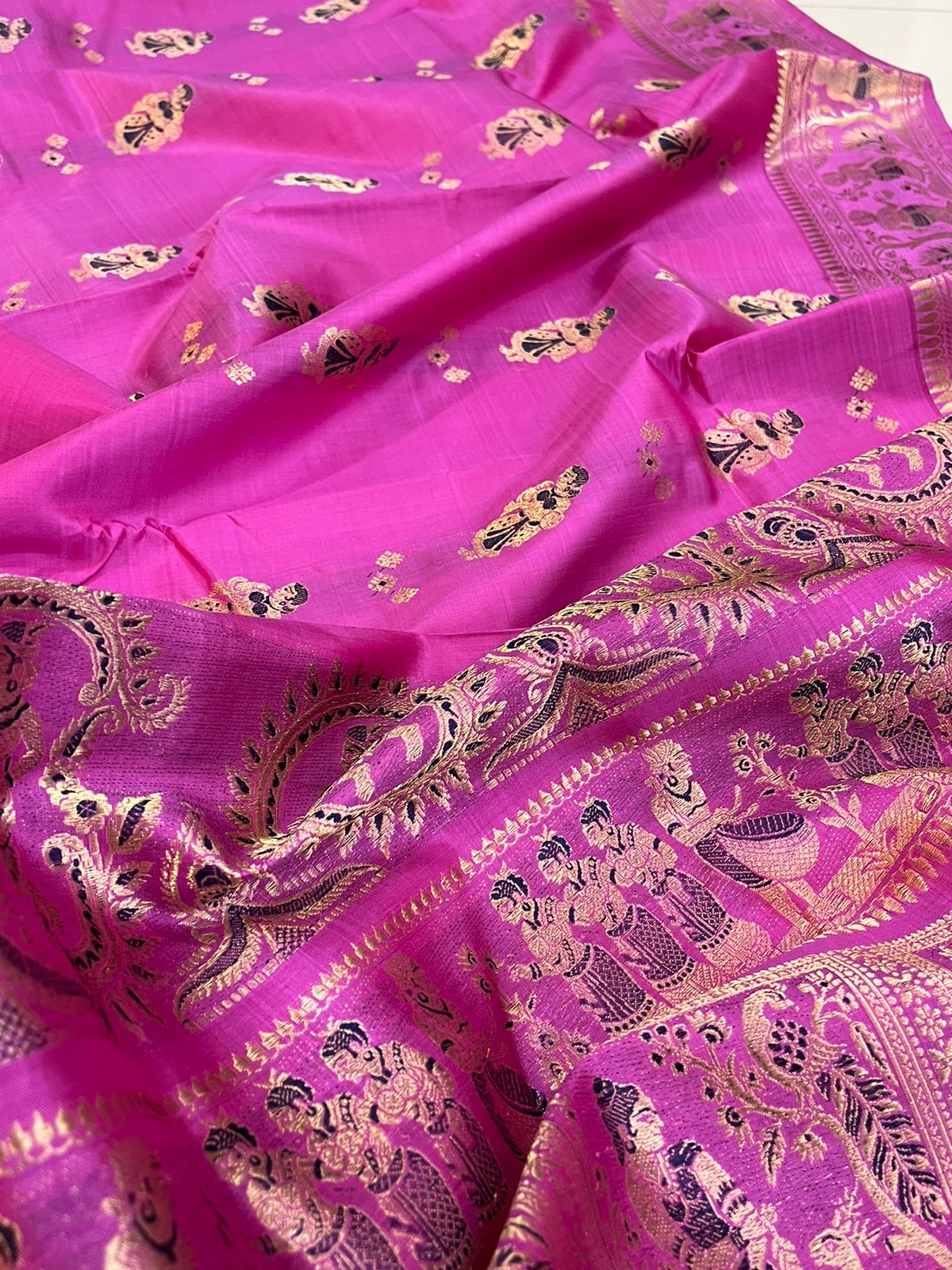Exquisite Handwoven Pure Silk Swarnachari saree - Rose Pink and Gold