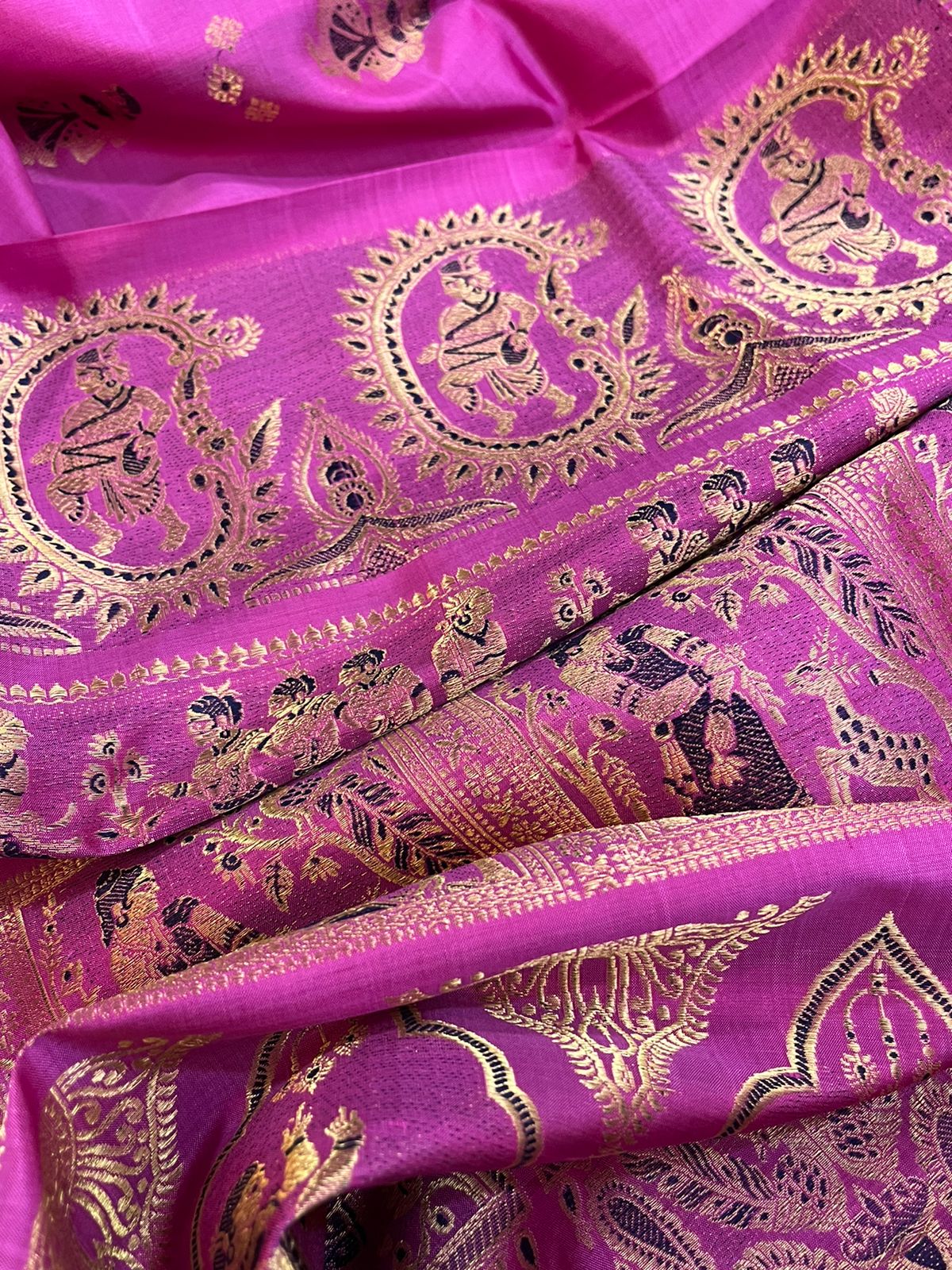 Exquisite Handwoven Pure Silk Swarnachari saree - Rose Pink and Gold