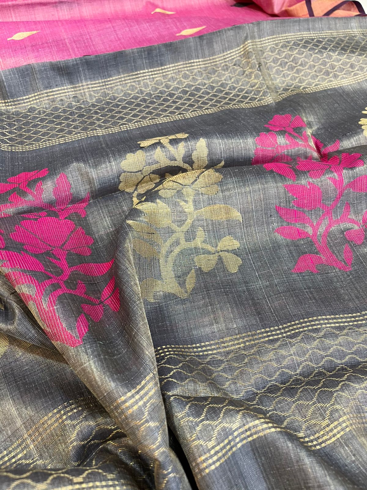 Pure Silk Handwoven Kosa Silk saree Pink and Grey