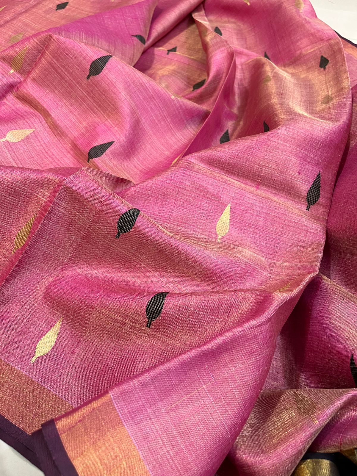 Pure Silk Handwoven Kosa Silk saree Pink and Grey