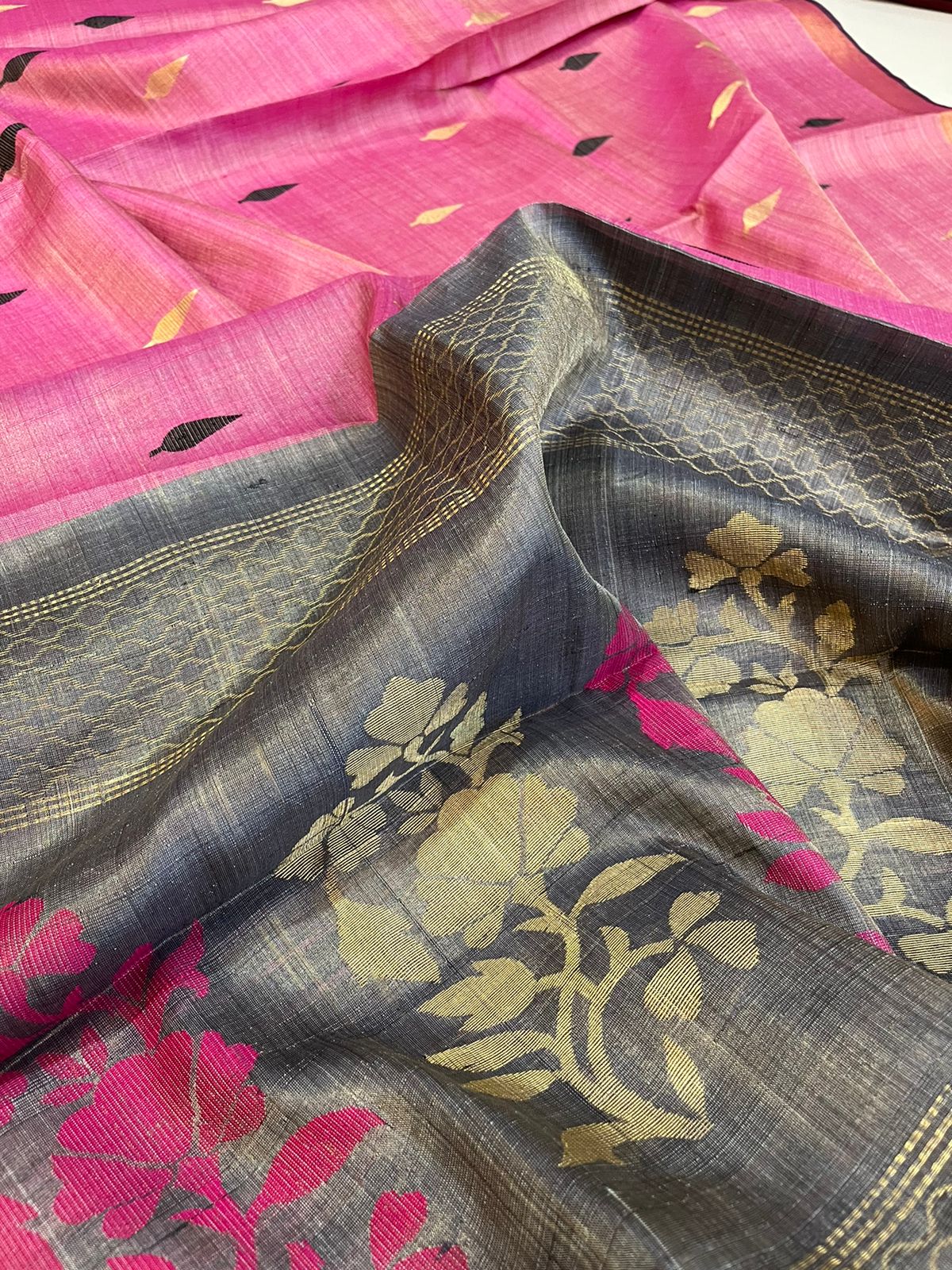 Pure Silk Handwoven Kosa Silk saree Pink and Grey
