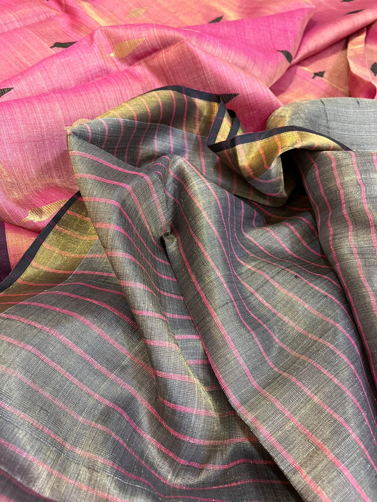 Pure Silk Handwoven Kosa Silk saree Pink and Grey