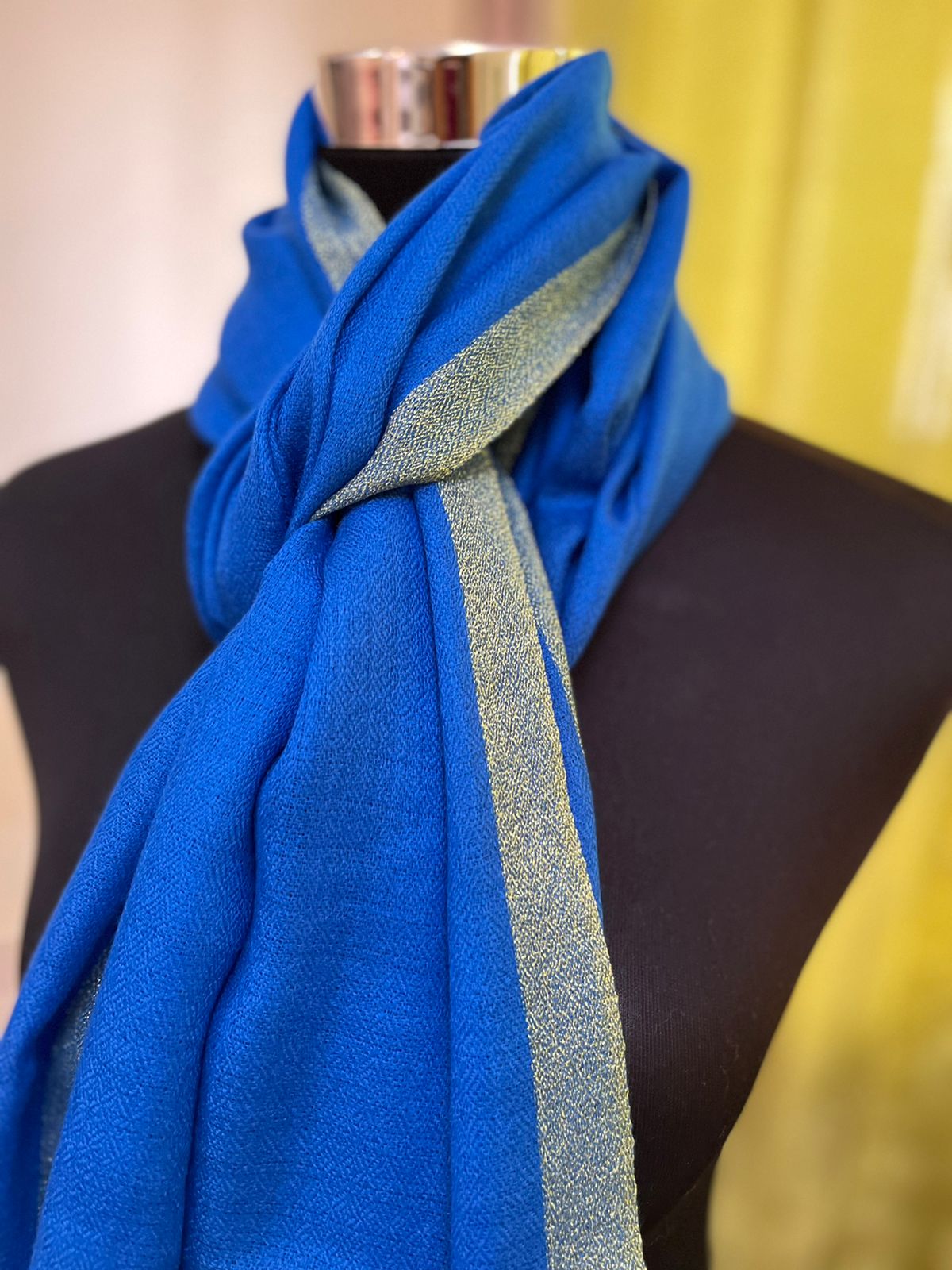 Beautiful Pure Wool Stole with thin contrast border - Electric Blue with Gold colour border