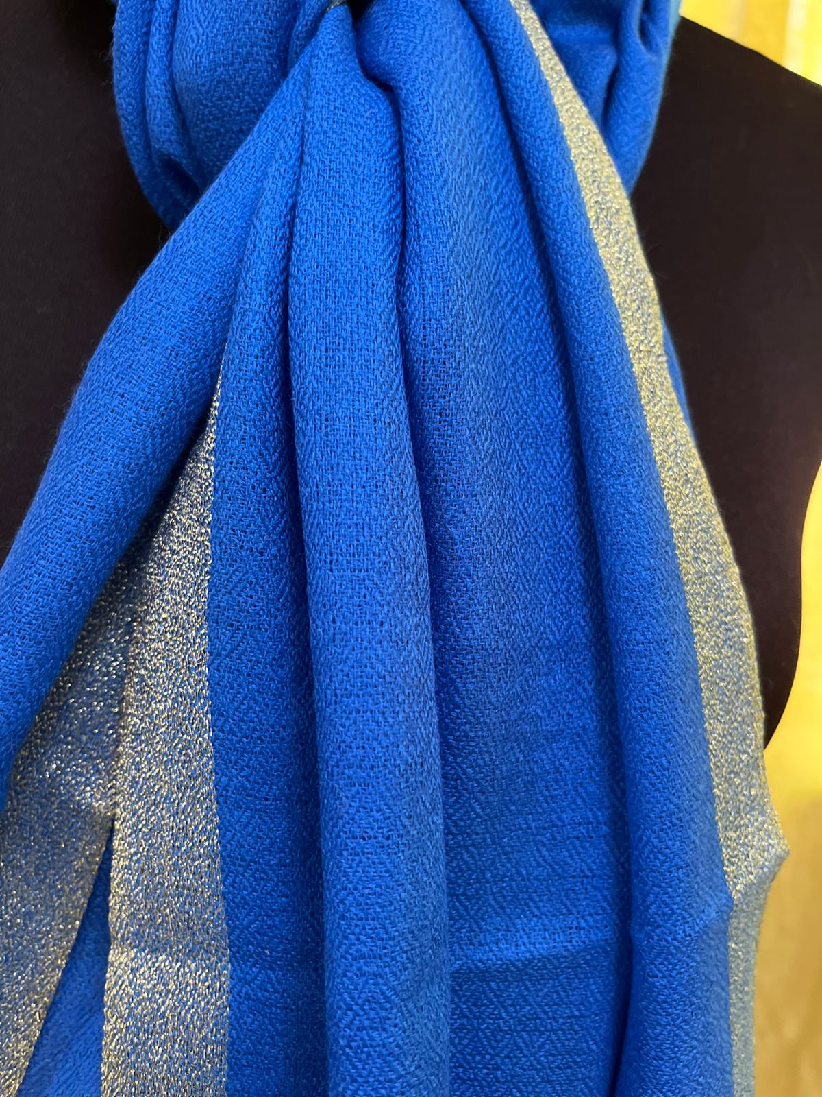 Beautiful Pure Wool Stole with thin contrast border - Electric Blue with Gold colour border