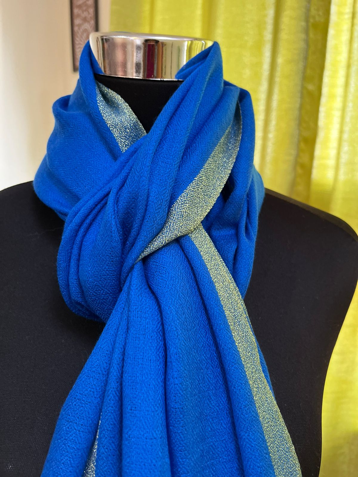 Beautiful Pure Wool Stole with thin contrast border - Electric Blue with Gold colour border