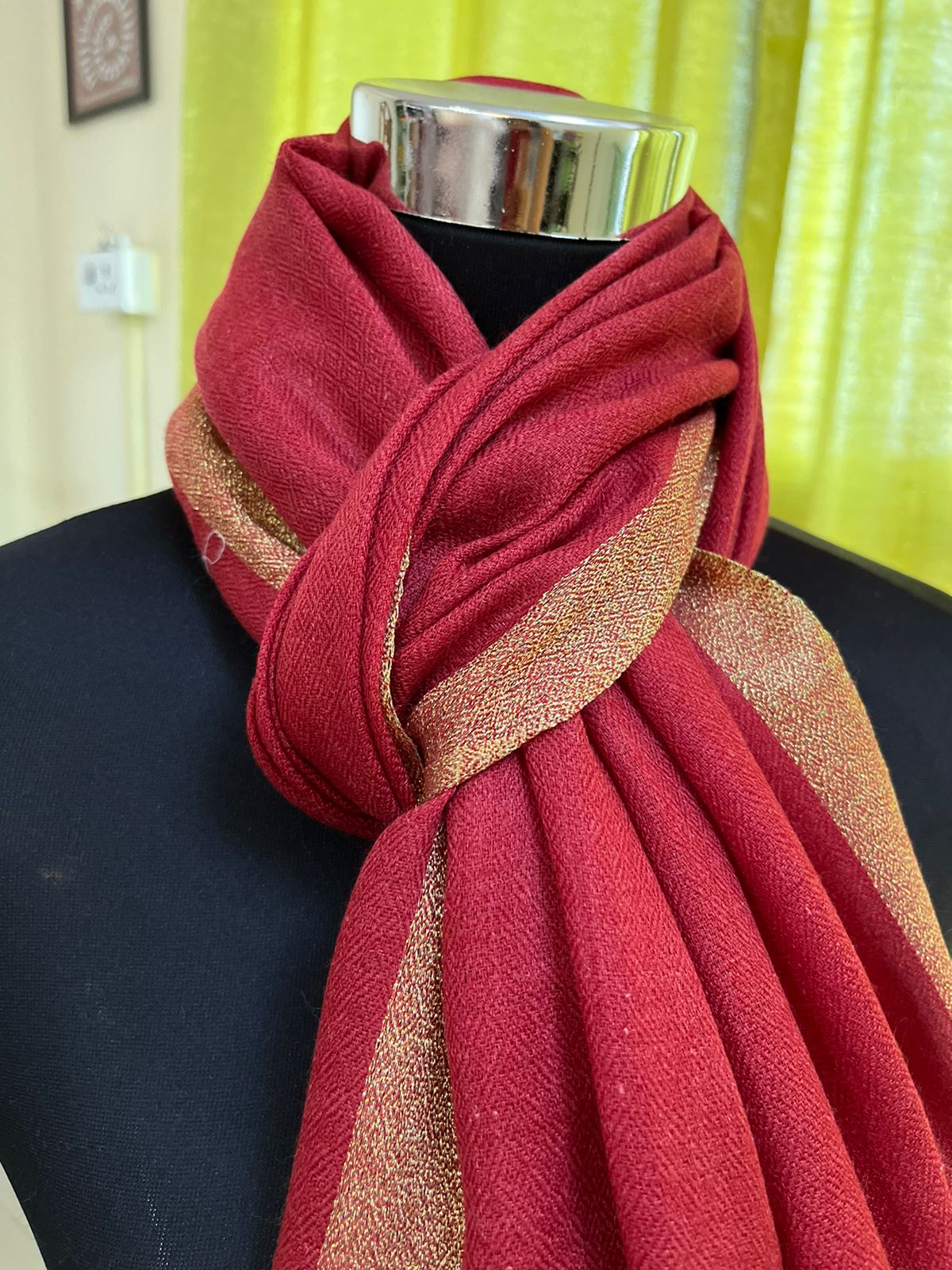 Beautiful Pure Wool Stole with thin contrast border - Garnet Red with Gold border