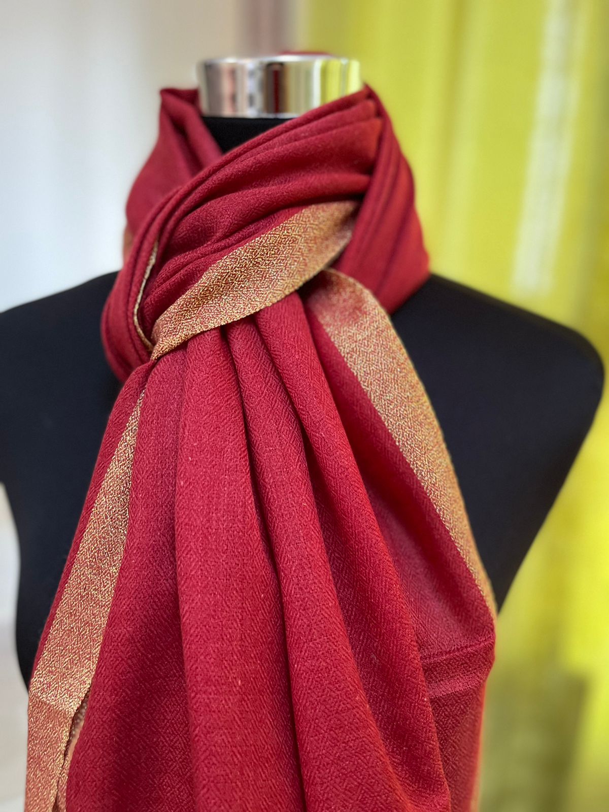 Beautiful Pure Wool Stole with thin contrast border - Garnet Red with Gold border