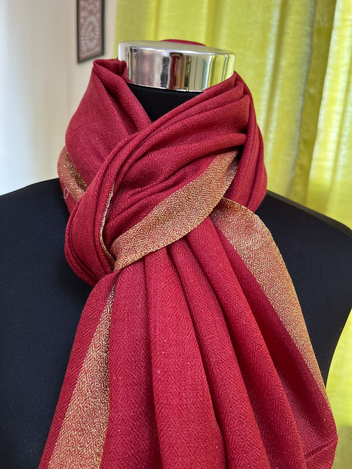 Beautiful Pure Wool Stole with thin contrast border - Garnet Red with Gold border