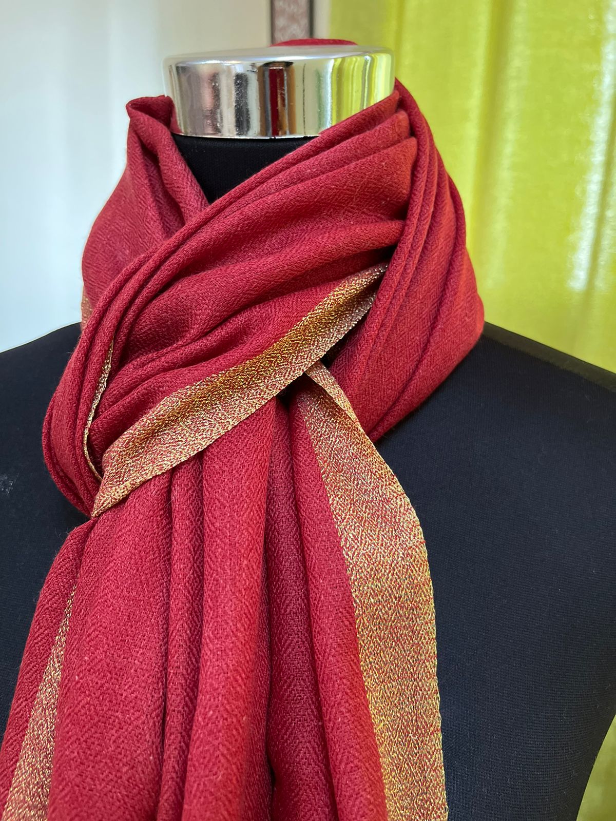 Beautiful Pure Wool Stole with thin contrast border - Garnet Red with Gold border