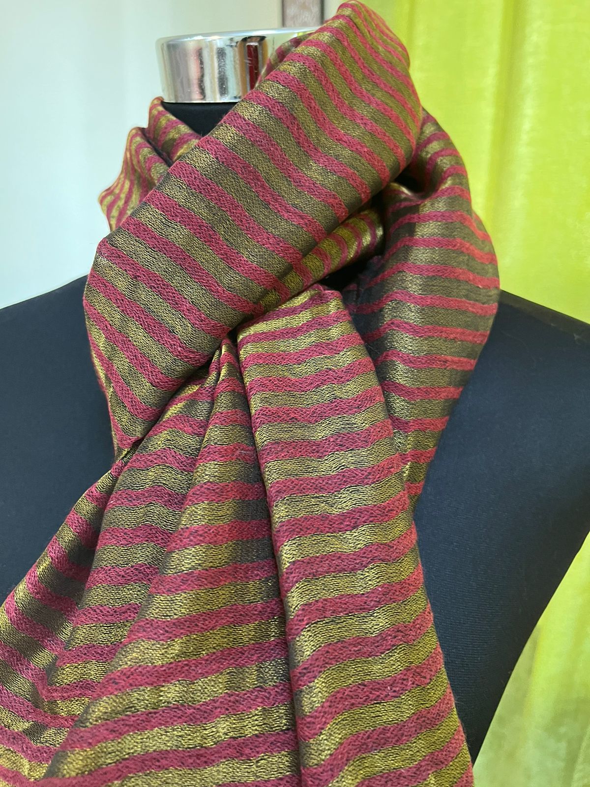 Beautiful Pure Wool Handwoven zari striped Stole - Maroon