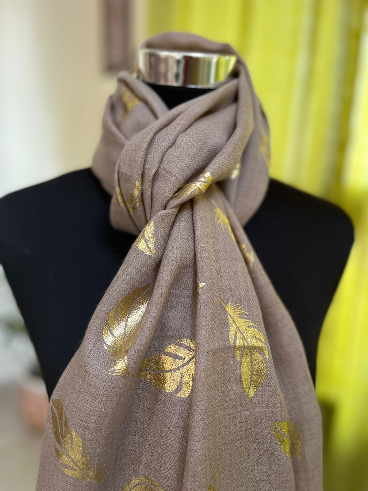 Beautiful Pure Wool Stole with Gold embossed print - Beige