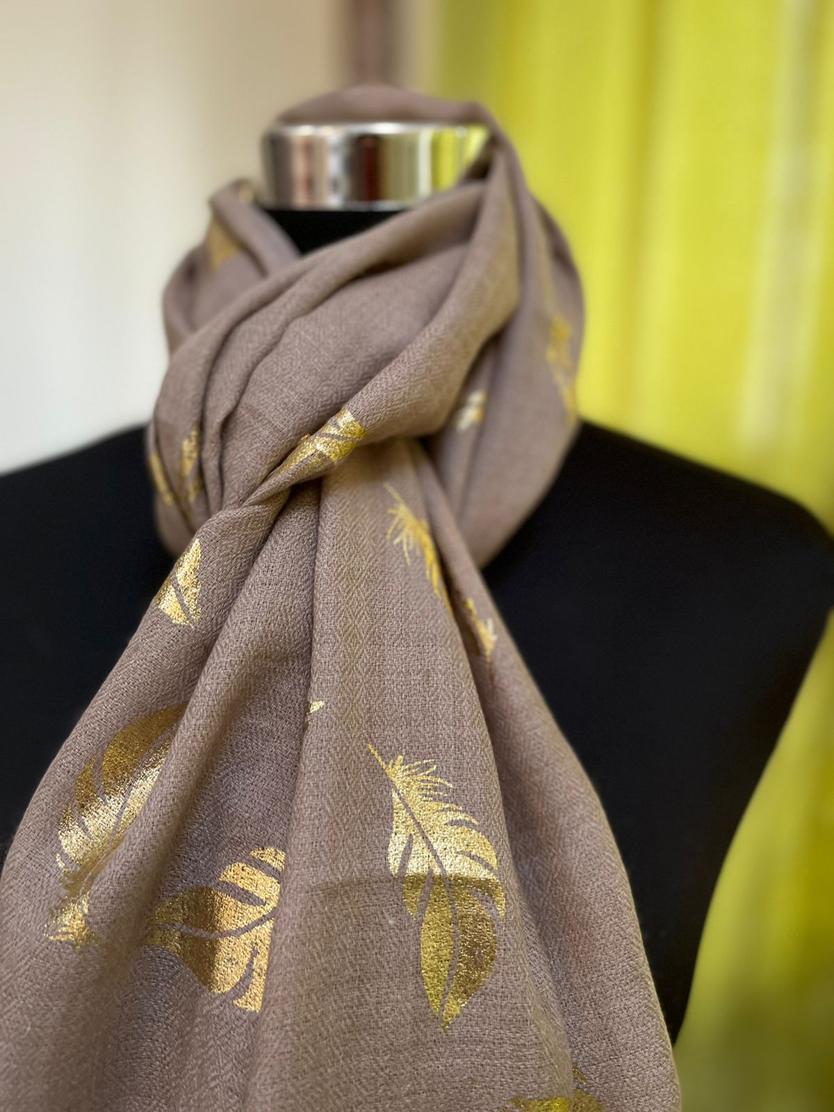 Beautiful Pure Wool Stole with Gold embossed print - Beige