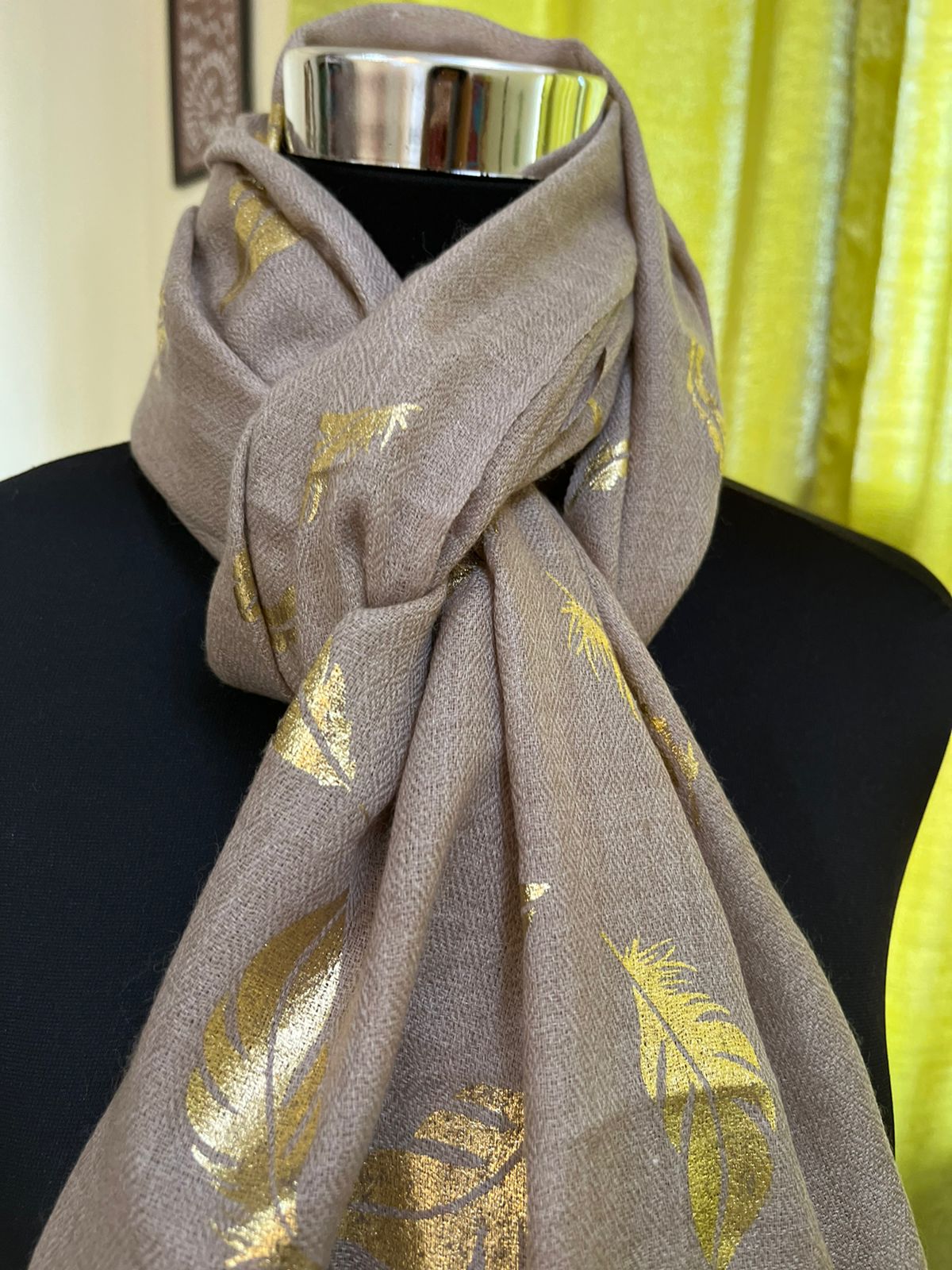Beautiful Pure Wool Stole with Gold embossed print - Beige