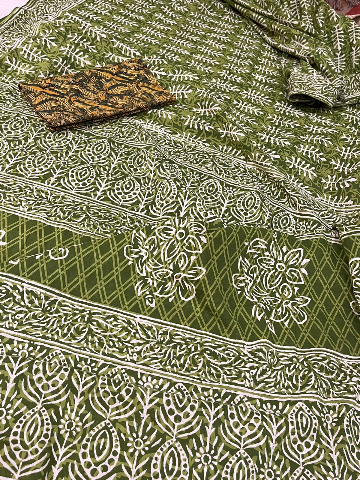 Pure Mul cotton sarees with handblock print - Green