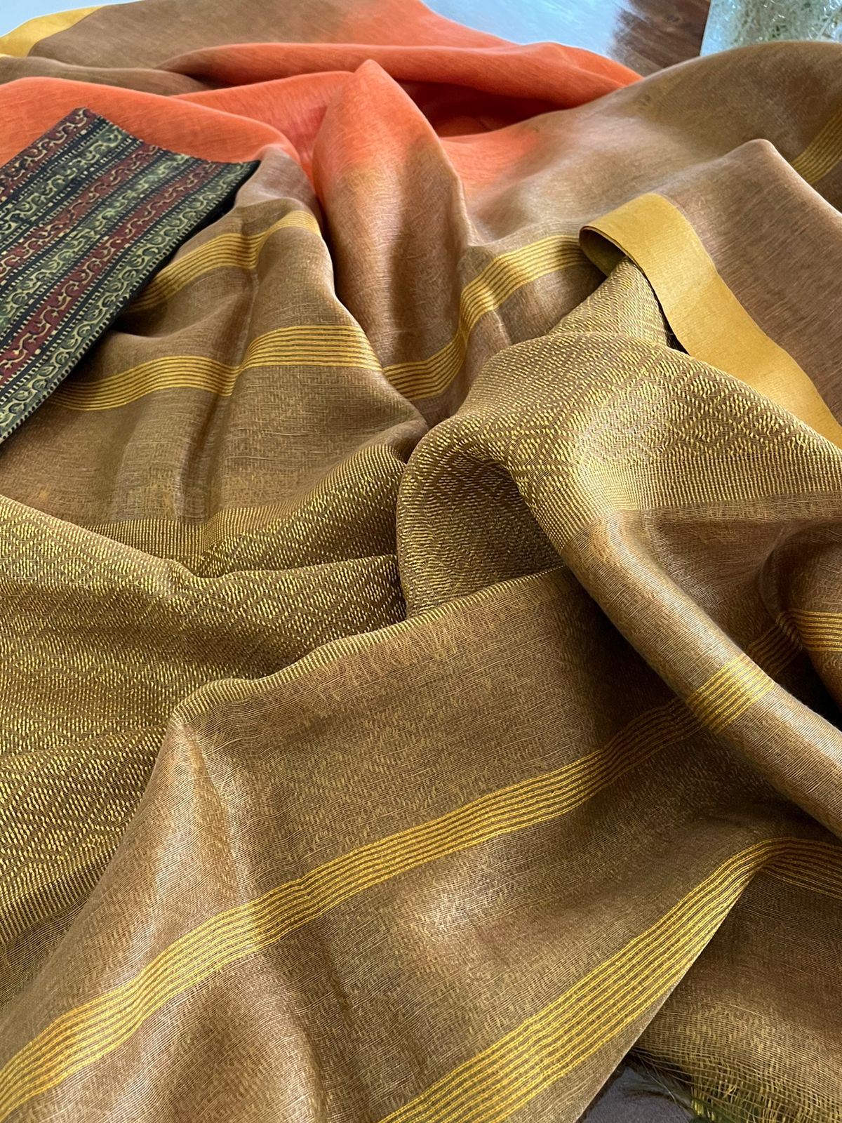 Pure Linen Tussar Saree with woven palla