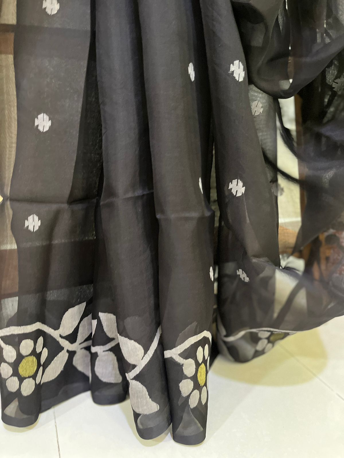 Pure Silk Jamdani Handloom saree - Black with Gold