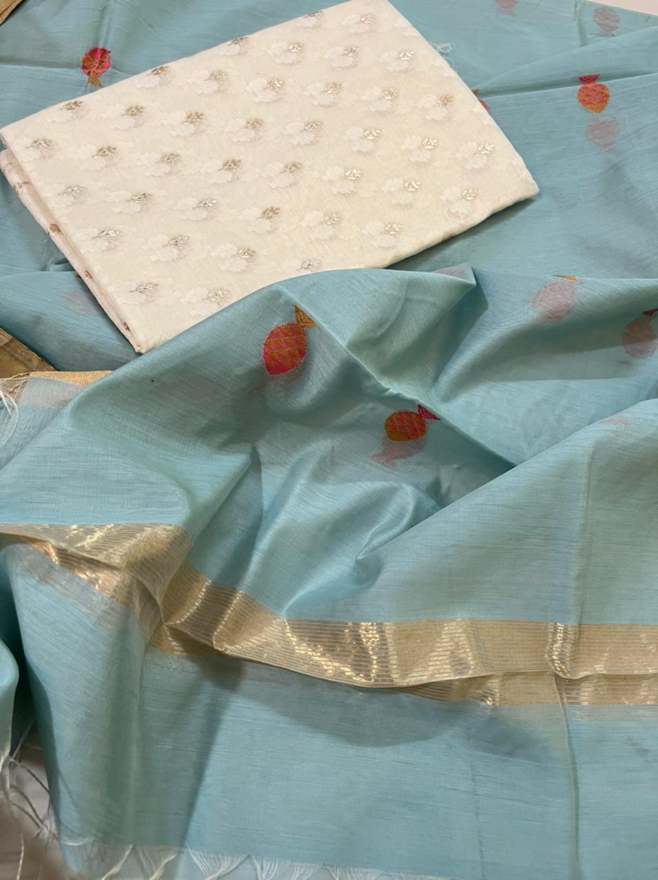 Handwoven cotton silk kurta with Pure Chanderi Silk Dupatta with fish buttis - White Sky Blue