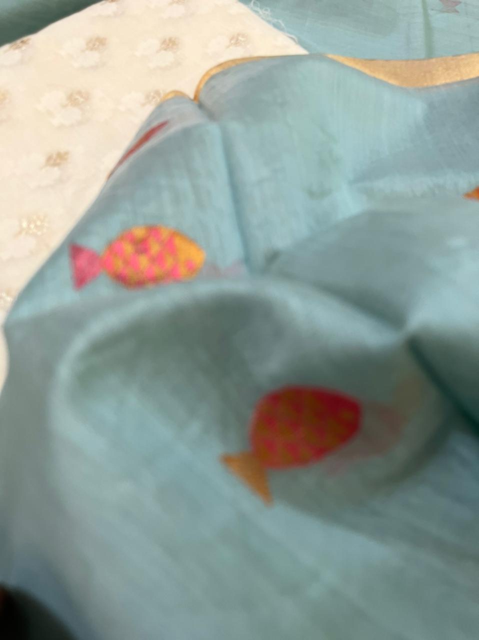 Handwoven cotton silk kurta with Pure Chanderi Silk Dupatta with fish buttis - White Sky Blue