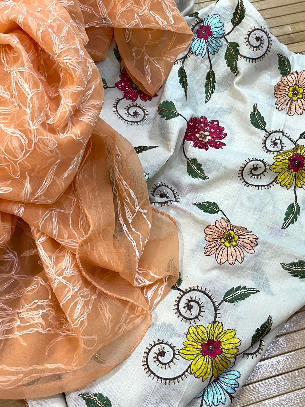 Trendy and exclusive Pure cotton embroidered kurta with Georgette Tepchi hand embroidery dupatta