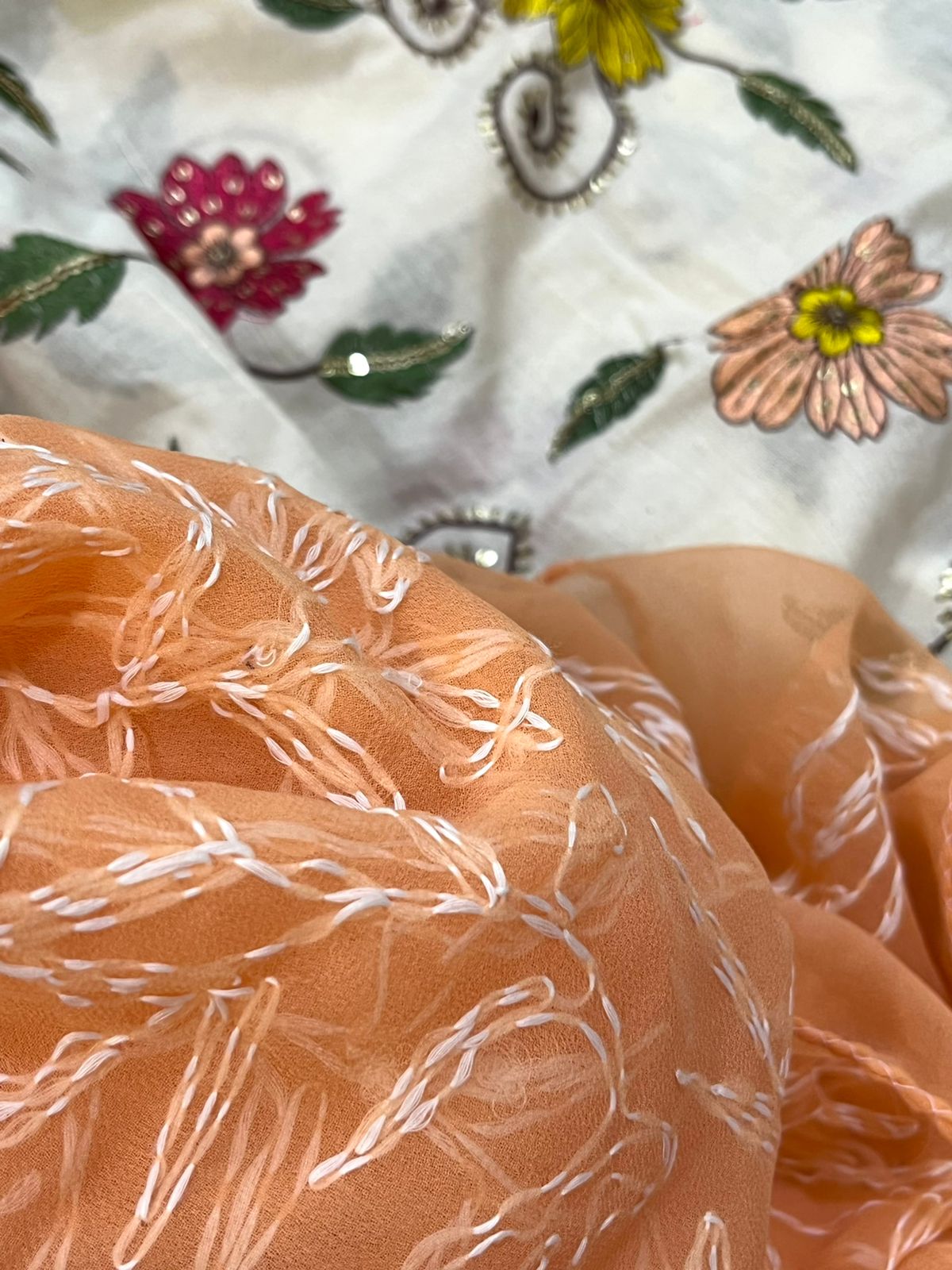 Trendy and exclusive Pure cotton embroidered kurta with Georgette Tepchi hand embroidery dupatta