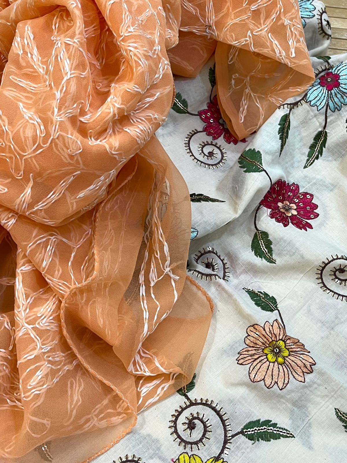 Trendy and exclusive Pure cotton embroidered kurta with Georgette Tepchi hand embroidery dupatta