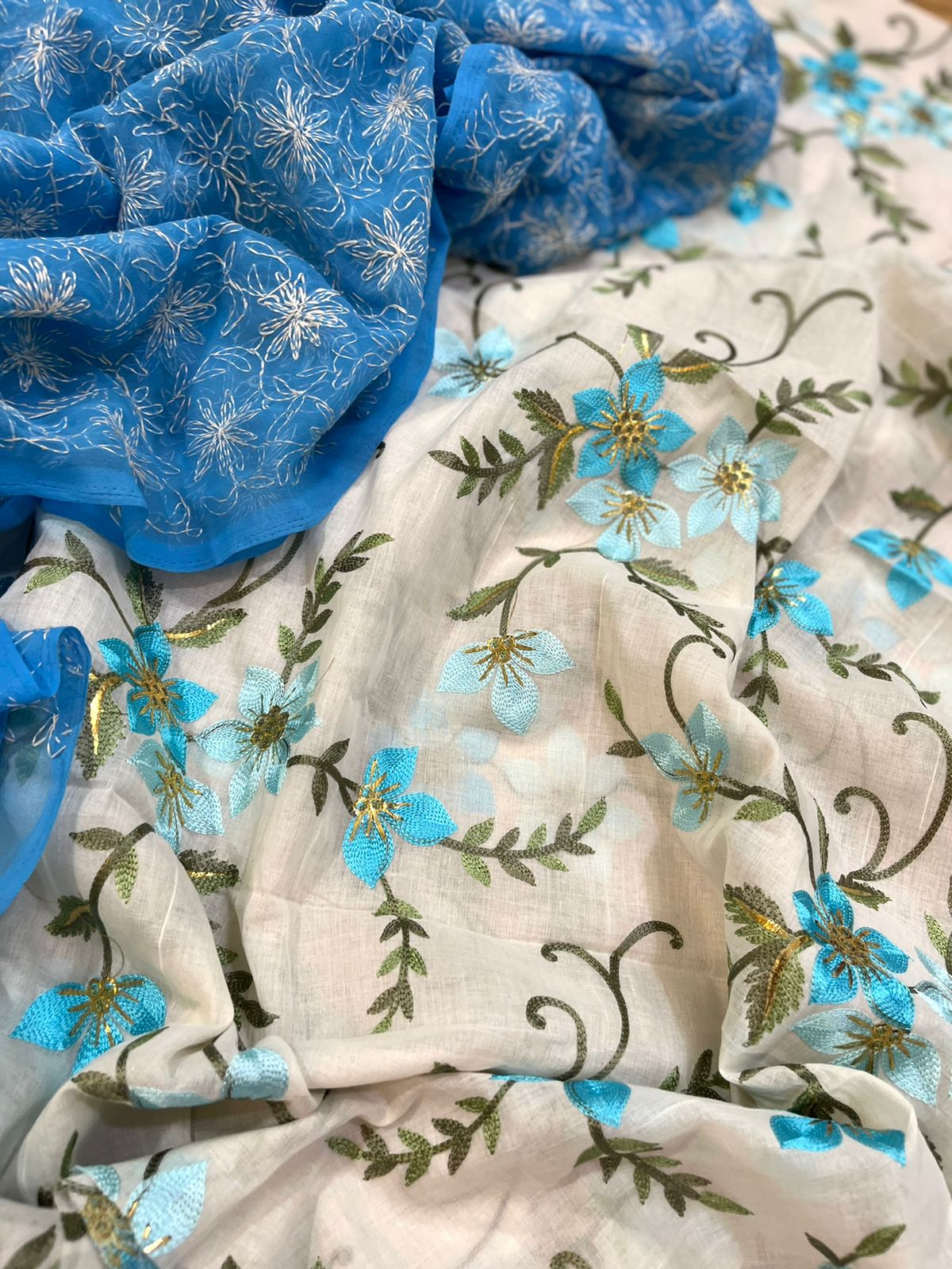 Trendy and exclusive Pure cotton embroidered kurta with Georgette Tepchi hand embroidery dupatta