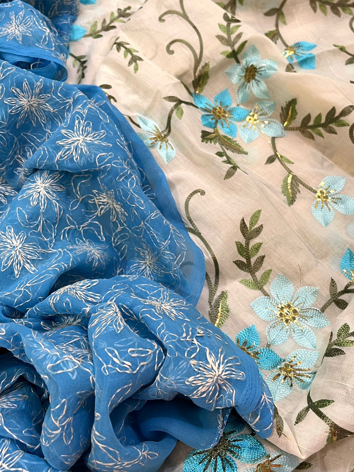 Trendy and exclusive Pure cotton embroidered kurta with Georgette Tepchi hand embroidery dupatta