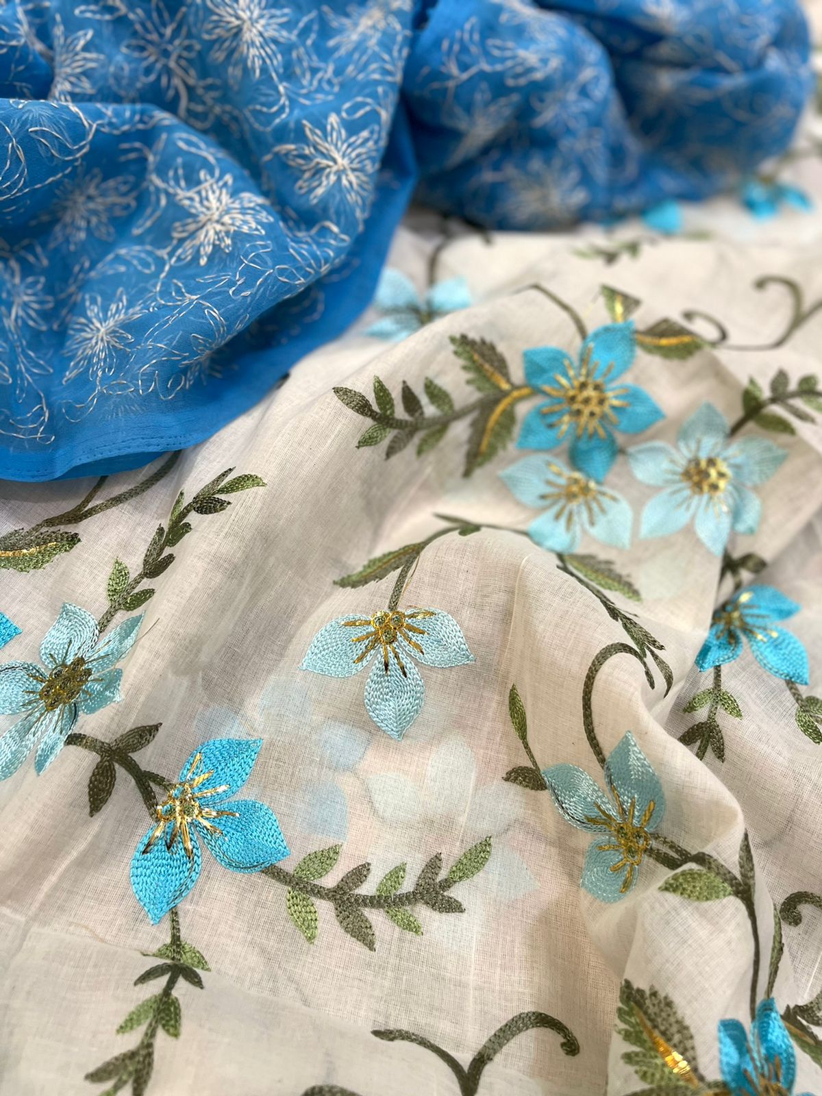 Trendy and exclusive Pure cotton embroidered kurta with Georgette Tepchi hand embroidery dupatta