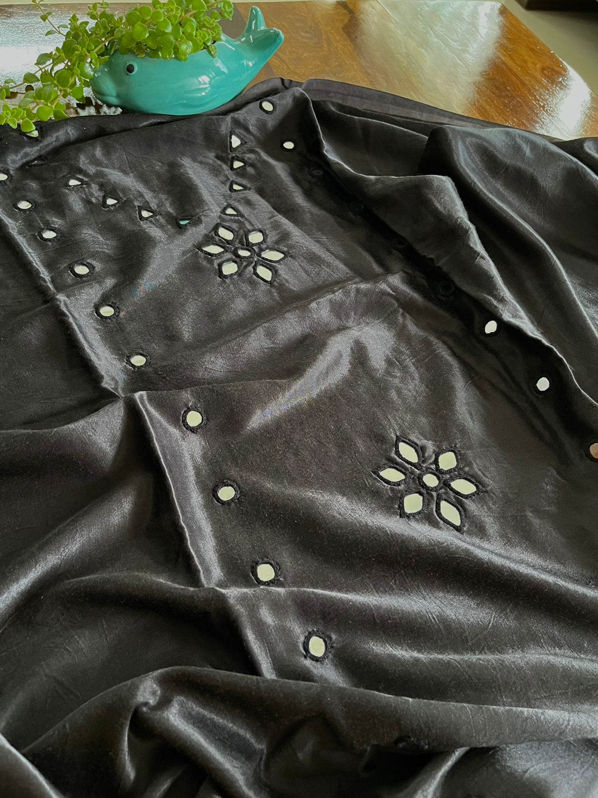 Mirror work embroidery Kurta from Kutch on Mashru Silk- Jet Black