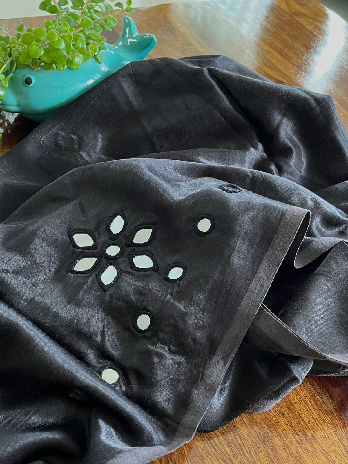 Mirror work embroidery Kurta from Kutch on Mashru Silk- Jet Black