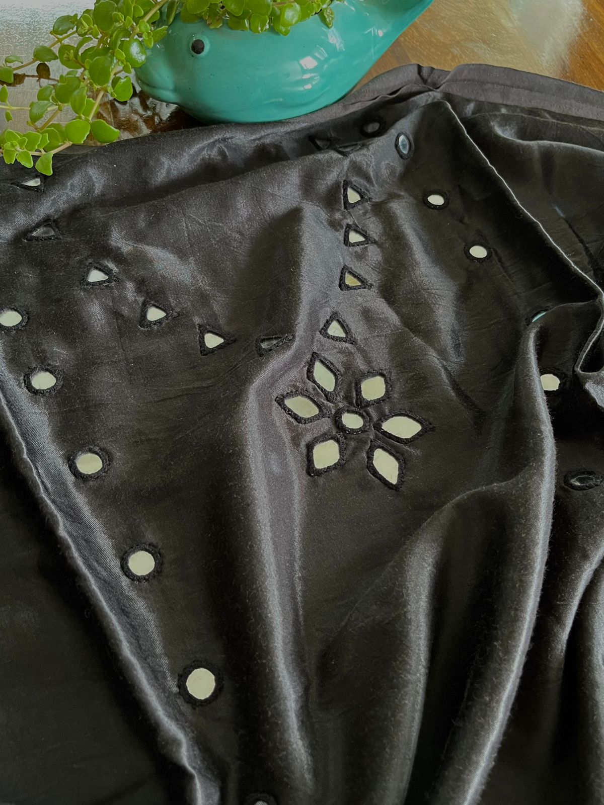 Mirror work embroidery Kurta from Kutch on Mashru Silk- Jet Black