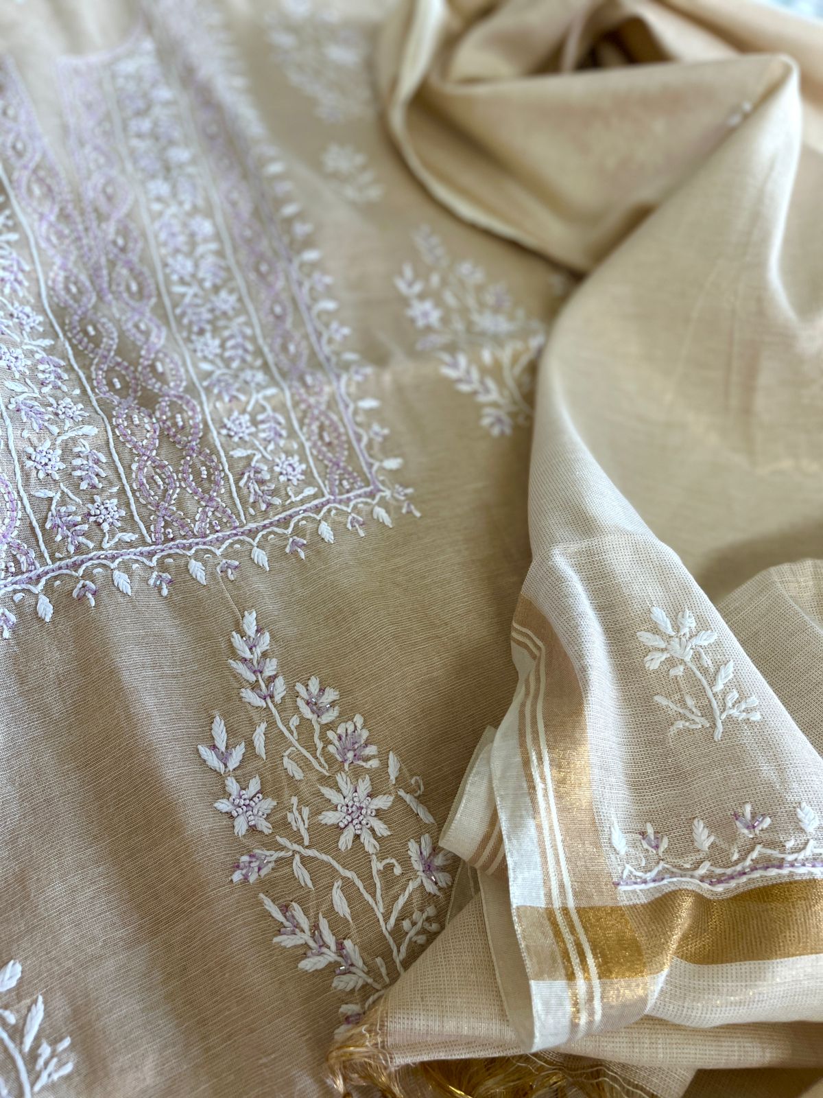 Very intricately handcrafted Pure cotton Tissue Kurta Dupatta Sets