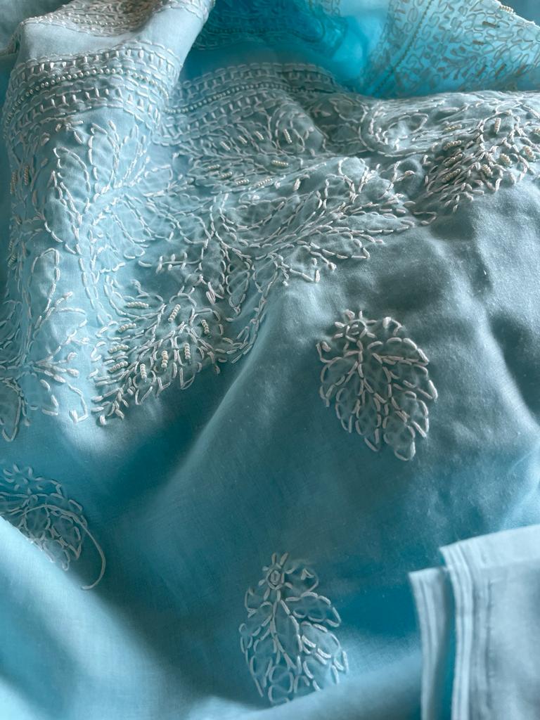Pure mul cotton 3 piece suit with pearl work - Sky Blue