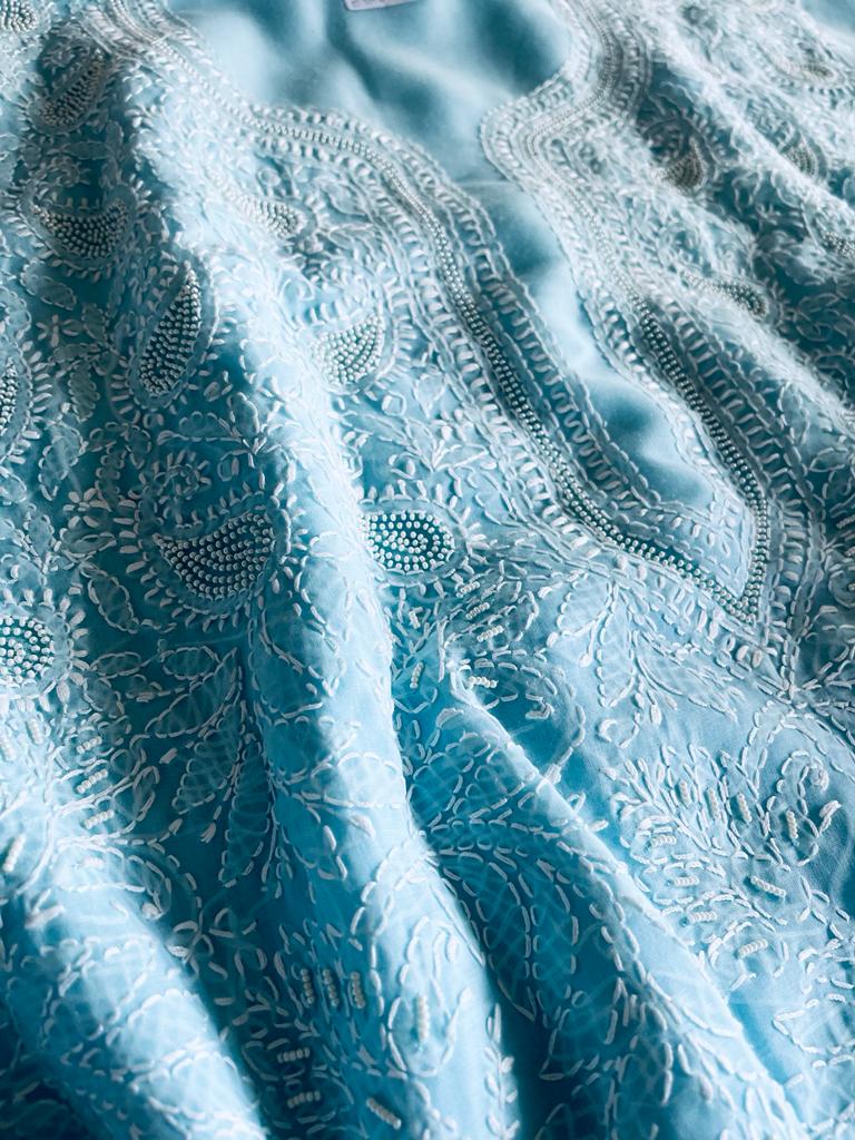 Pure mul cotton 3 piece suit with pearl work - Sky Blue