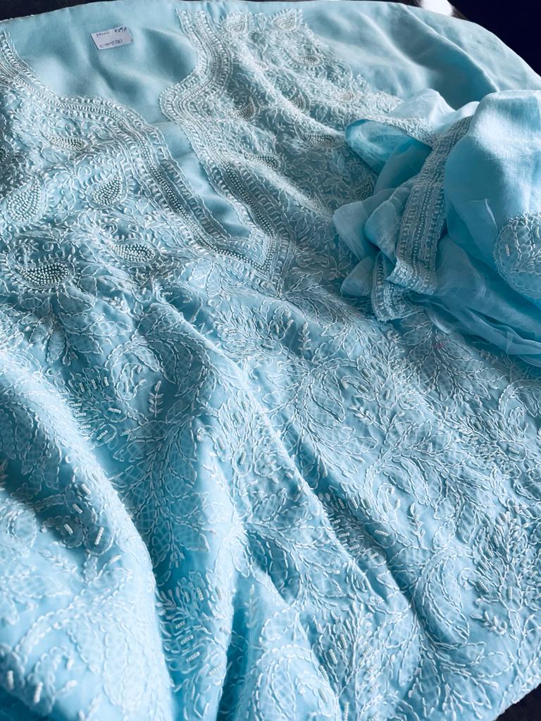 Pure mul cotton 3 piece suit with pearl work - Sky Blue